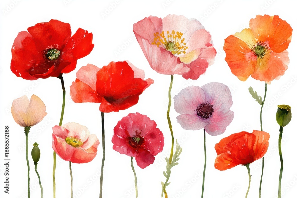 Fototapeta premium Vibrant Watercolour Poppy Blooms: Handcrafted Floral Illustrations on White Canvas