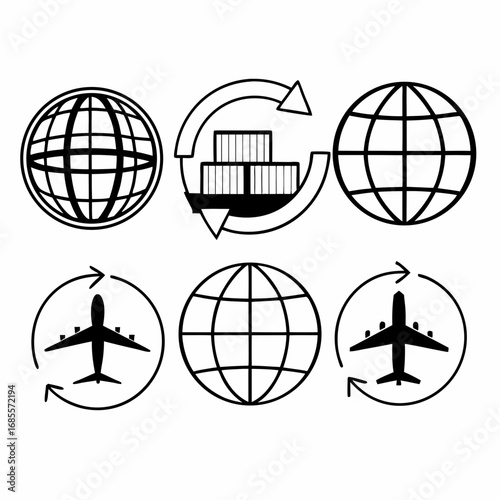 Global trade and logistics icons representing international shipping and transportation