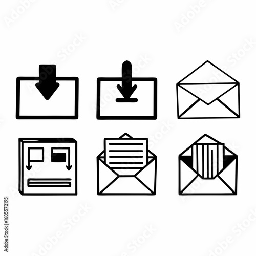 Collection of hand drawn email and download icons for web and app design