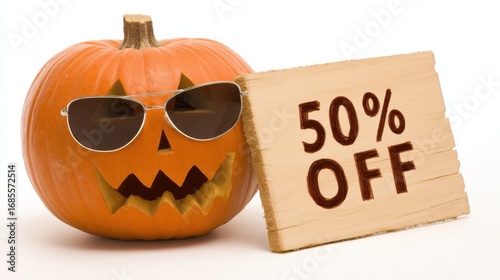 A playful Halloween pumpkin wearing sunglasses next to a wooden sign advertising a 50% discount.