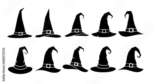 A collection of stylish witch hats, capturing the essence of spooky season! Ideal for a wide array of festive projects and crafts. vector illustration