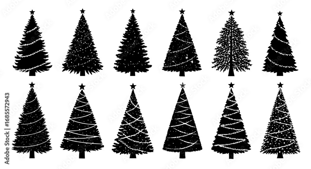 Obraz premium A collection of meticulously crafted Christmas tree illustrations in a silhouette style, each representing the essence of the holiday season. capturing the festive spirit. vector illustration