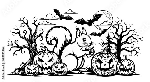 A whimsical Halloween scene, in black and white, where a squirrel holds a nut near carved pumpkins, amidst eerie trees, bats, the moon, and ominous clouds, that evokes a playful spookiness.