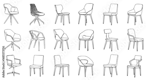 A collection of diverse meticulously crafted chair designs, each a unique study in form and function, presented in a clean, detailed illustration. vector illustration 
