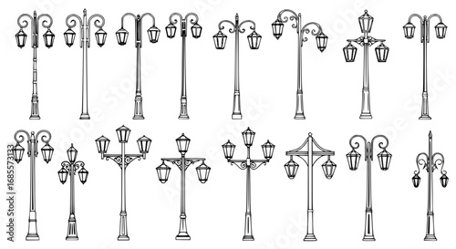 A detailed collection of stylized streetlight illustrations showcasing classic designs and vintage aesthetics in a clean, artistic black and white style. vector illustration