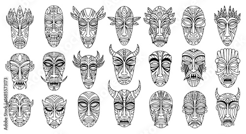 A captivating ensemble of traditional tribal masks, each exuding unique cultural charm and artistic detail. The detailed monochrome rendering presents a wide variety of facial expressions.