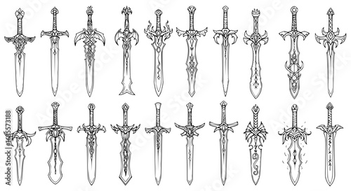 A meticulously crafted array of detailed sword illustrations, each blade a unique masterpiece of design, invites the viewer into a realm of artistry and craftsmanship. vector illustration