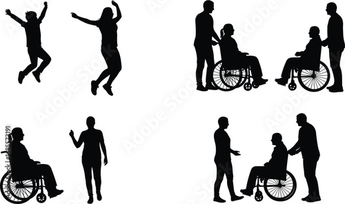 Silhouette vector illustration of people with disabilities, wheelchair users, caretakers, family support, friendship, rehabilitation, mobility, inclusive society, community care, social interaction