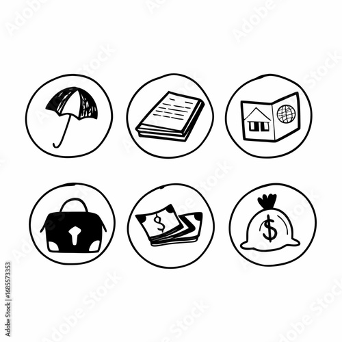 Hand drawn insurance icons representing protection, security and finance concept