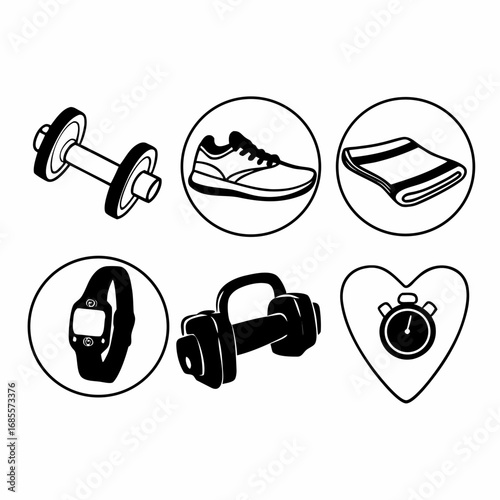 Fitness and workout icons set, hand drawn style, depicting equipment, activity, and tracking