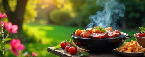 A vibrant spring scene featuring a grill sizzling with food, surrounded by blooming flowers and lush greenery Perfect for cookout, BBQ, and seasonal recipes , flowers, lettuce, sunny