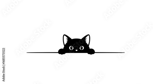 A curious black cat peeks over a line, adorable eyes filled with playful curiosity, the perfect embodiment of feline charm. vector illustration