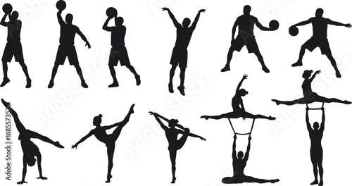 Silhouette vector illustration of athletes performing basketball actions, gymnastics poses, acrobatic stunts, fitness exercise, stretching, balance, flexibility, sports training, performance, teamwork