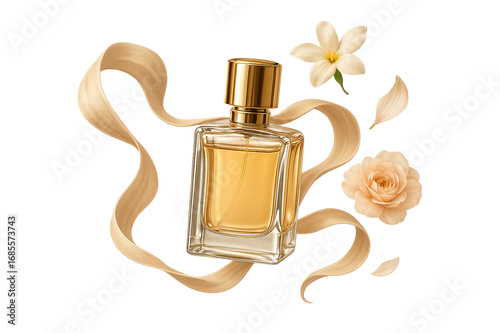 Transparent background luxury perfume bottle, luxury perfume bottle with ribbon transparent, luxury perfume bottle floral branding mockup, PNG die-cut for advertising.