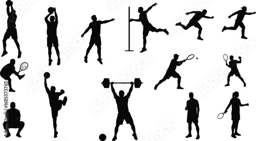 Silhouette vector illustration of multiple athletes performing sports activities, basketball, tennis, weightlifting, running, volleyball, high jump, fitness training, active lifestyle