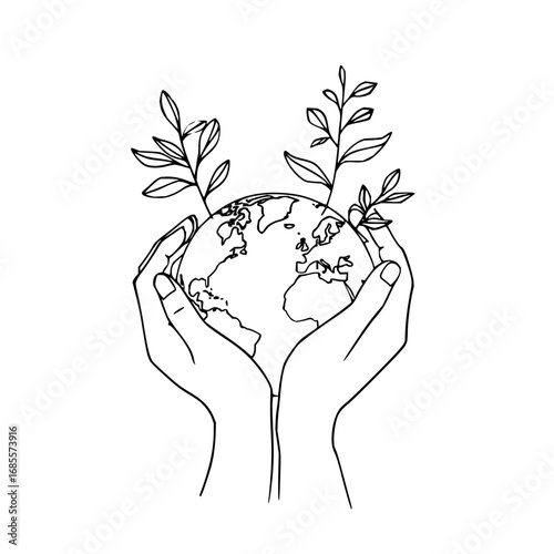 Earth day illustration of hands holding planet with growing plants for environmental awareness design