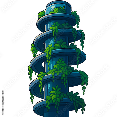 Eco-friendly futuristic spiral tower covered in lush green vegetation, representing sustainable architecture and vertical gardens in urban environments