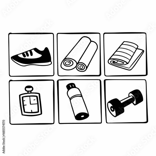 Fitness equipment icons shoe, towel, bottle, clock, dumbbell, yoga mat