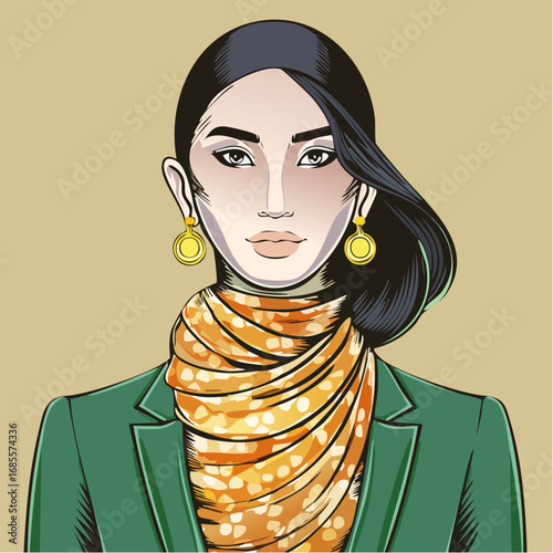 empowered Kurdish executive auburn waves tangerine scarf vector power portrait