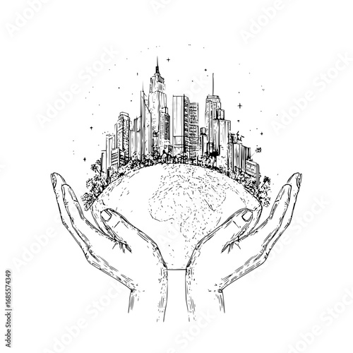 City skyline on earth in hands vector art illustration for sustainable urban development and environment 100