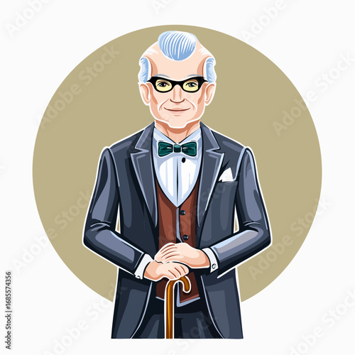 dignified Ethiopian gentleman caramel pompadour ivory cane burgundy pocket square vector portrait