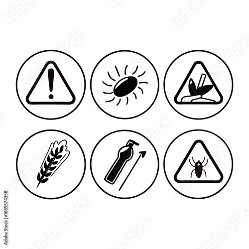 Allergen warning icons, featuring common allergens like gluten, soy, and insects