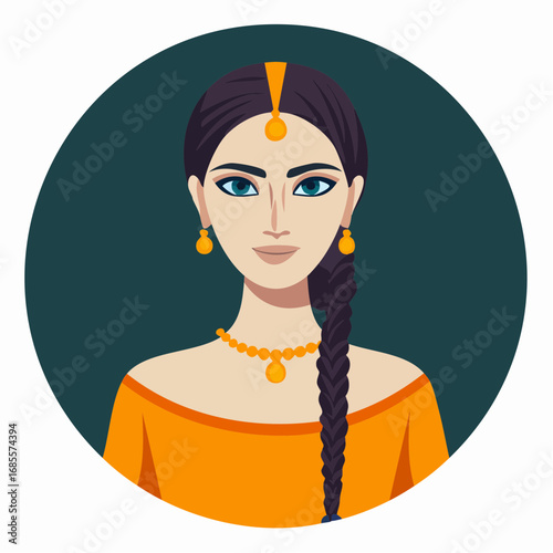elegant Egyptian romance light brown braid pearl drop earring teal clutch vector portrait