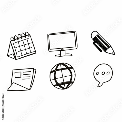 Hand drawn icons of business, including calendar, monitor, pencil, newspaper, globe, and speech bubble
