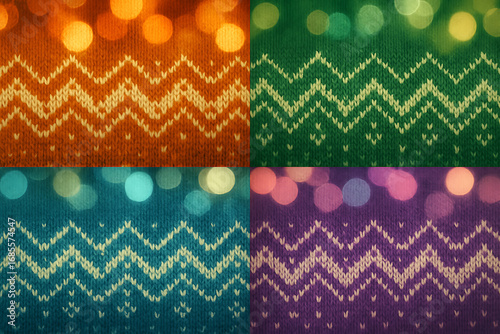 Four Knitted Fabric Sections with Zigzag Pattern and Bokeh Lights