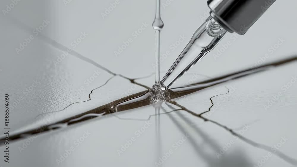 Macro footage showing epoxy resin infusion into a fine hairline crack on ceramic floor tile capturing detailed crack pattern and treatment.