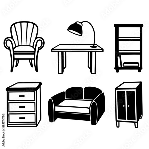 Furniture icons, including a sofa, armchair, table, cabinet, and nightstand