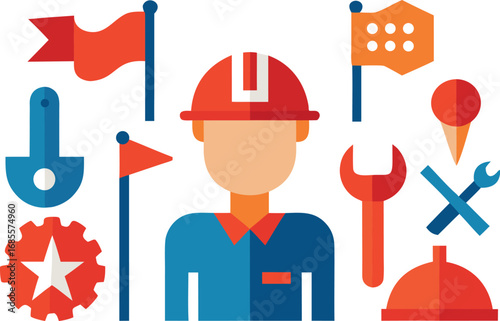 Labor day collection vector illustration worker tools flags celebration icon set scalable eps