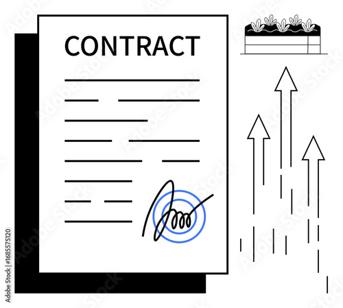 Contract with signature, plant box, and arrows pointing upward. Ideal for business, agreement, success, progress, growth legal binding and partnerships. Simple flat metaphor