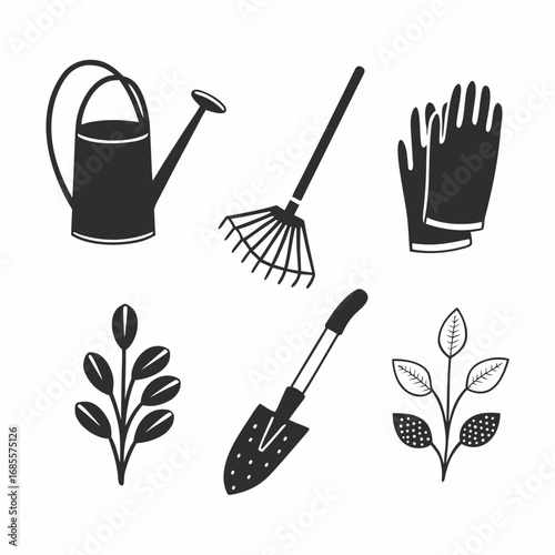 Black and white gardening tools and plants vector illustration, including watering can, rake, shovel, and gloves