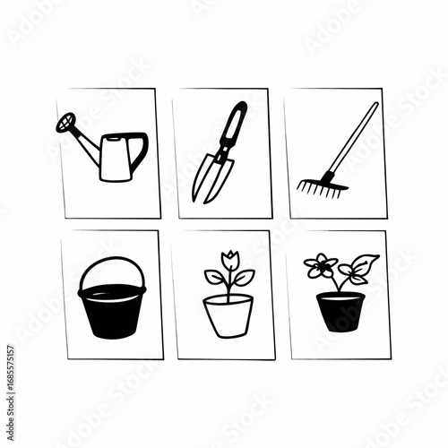 Hand drawn gardening tools set, including watering can, shovel, rake, bucket, and potted plants