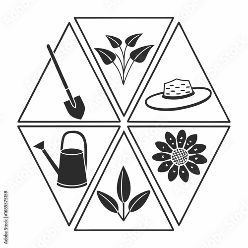 Black and white gardening icon set in hexagon shape, including shovel, watering can, hat, flower and plant