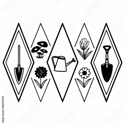 Illustration of gardening tools, plants and mushrooms arranged in diamond shapes