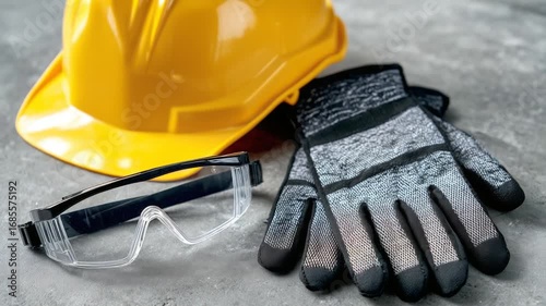 Essential safety gear including a yellow hard hat, black goggles, and work gloves on a gray surface, highlighting workplace safety.