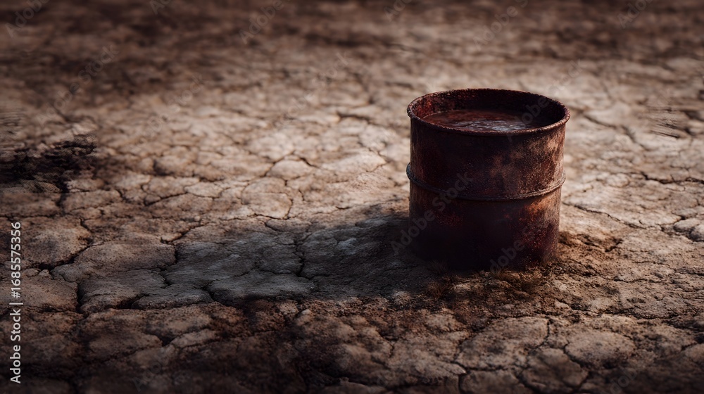 Fototapeta premium A weathered rusty barrel containing dark liquid sits on severely cracked dry earth visually representing environmental pollution and the impact of
