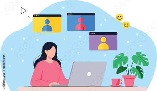 Woman working remotely, video conference call, online meeting, remote work, virtual teamwork, laptop workspace, digital communication, home office, business collaboration, video chat