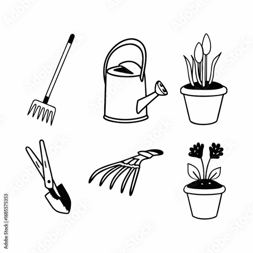 Gardening tools set, including rake, watering can, plant pot, and secateurs