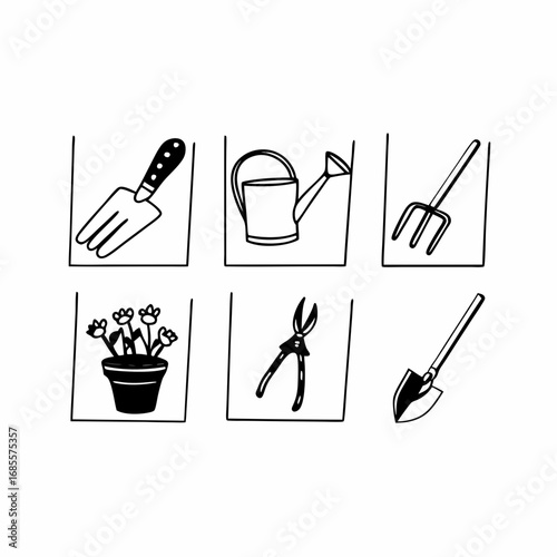 Gardening tools set, including watering can, plant pot, spade, fork and secateurs