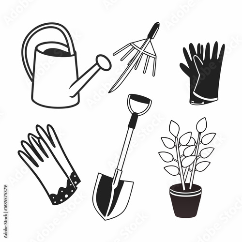 Gardening tools set, including watering can, plant pot, spade, and gloves