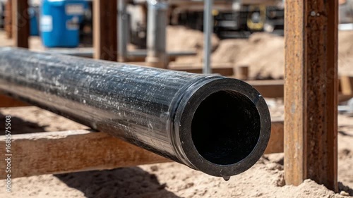 Wallpaper Mural A glossy black plastic pipe on sandy ground at a construction site, reflecting sunlight beside a weathered wooden pole. Torontodigital.ca