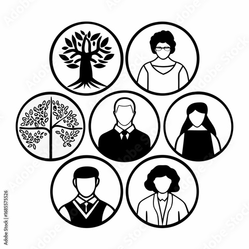 Family tree icons representing genealogy and ancestral connections with relatives