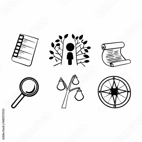 Collection of vintage icons, including notebook, tree, scroll and compass