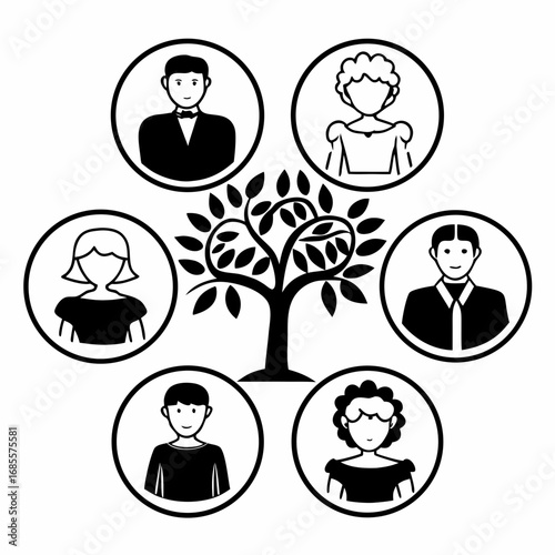 Family tree network with people portraits, representing social connections