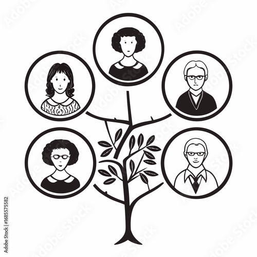 Family tree with portraits of family members genealogy concept illustration