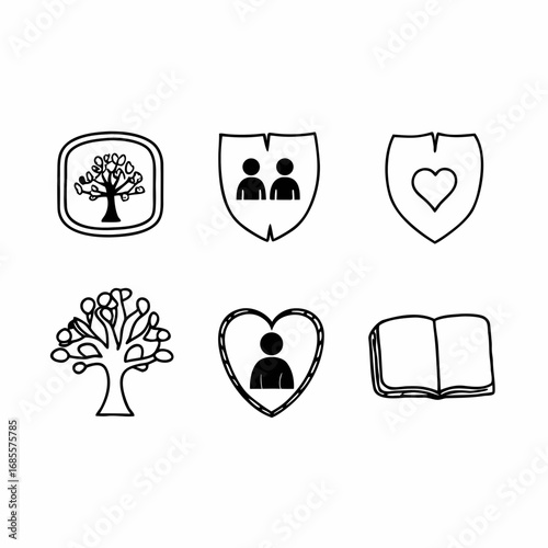 Genealogy symbols set with family tree, shield, heart, book icons