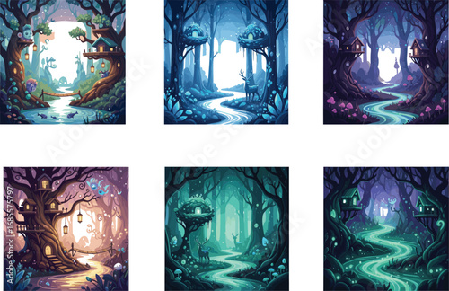 Magical forest treehouses, glowing night trails, fantasy woodland cabins, enchanted deer paths, mystical fairy lights, whimsical nature dreamland scene
